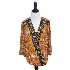 Zac & Rachel Women's L Large Faux Wrap Blouse Top Asian Inspired Cherry Blossom